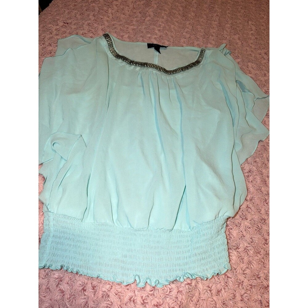Women’s Turquoise BCX Blouse Medium Beaded Light Flowy W/ Cami Loose Y2K Blue